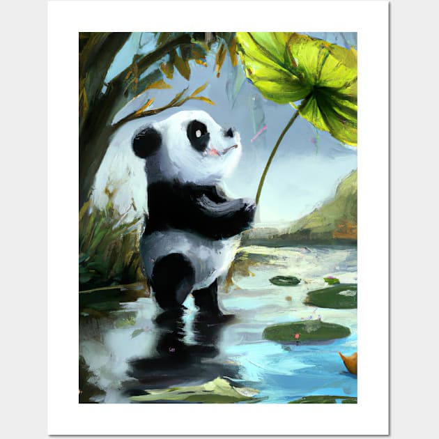 Panda with Leaf Umbrella Wall Art by maxcode